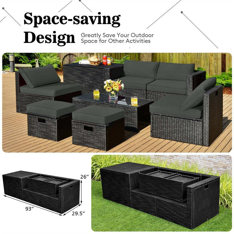 8PCS Wicker Outdoor Sectional Set, Patio Rattan Furniture Set with Storage Box, Coffee Table, Sofas, Ottomans, Cushions & Waterproof Cover