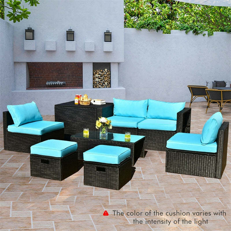 8PCS Wicker Outdoor Sectional Set, Patio Rattan Furniture Set with Storage Box, Coffee Table, Sofas, Ottomans, Cushions & Waterproof Cover