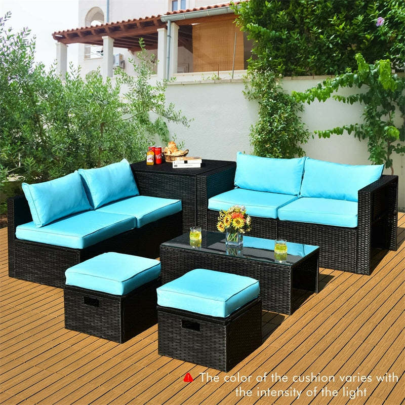 8PCS Wicker Outdoor Sectional Set, Patio Rattan Furniture Set with Storage Box, Coffee Table, Sofas, Ottomans, Cushions & Waterproof Cover