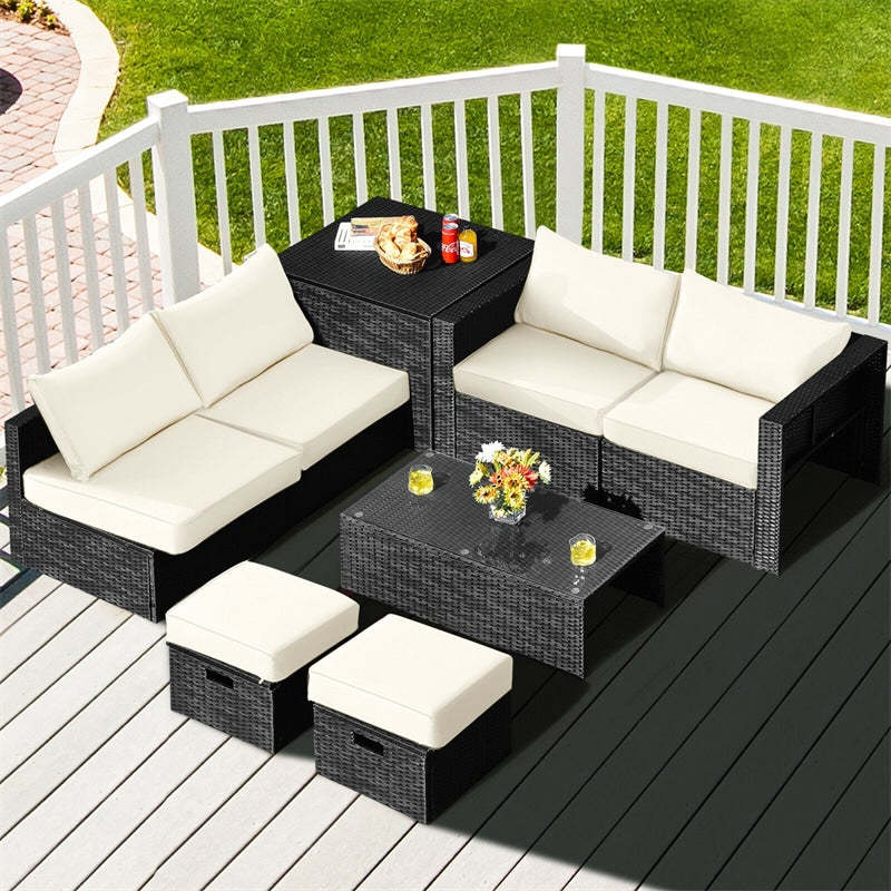 8PCS Wicker Outdoor Sectional Set, Patio Rattan Furniture Set with Storage Box, Coffee Table, Sofas, Ottomans, Cushions & Waterproof Cover