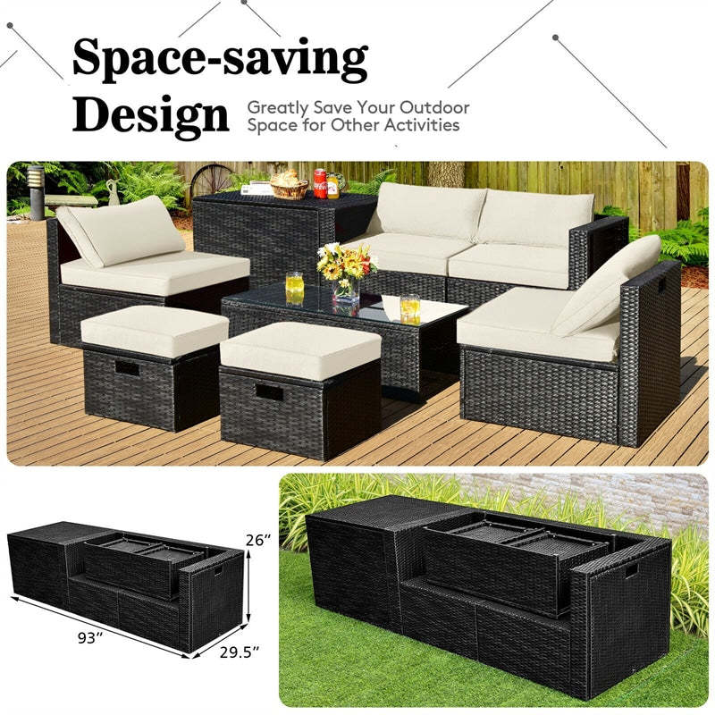 8PCS Wicker Outdoor Sectional Set, Patio Rattan Furniture Set with Storage Box, Coffee Table, Sofas, Ottomans, Cushions & Waterproof Cover