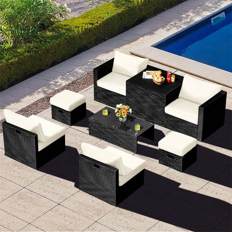 8PCS Wicker Outdoor Sectional Set, Patio Rattan Furniture Set with Storage Box, Coffee Table, Sofas, Ottomans, Cushions & Waterproof Cover