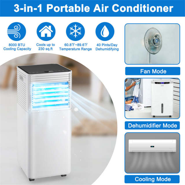 8000 BTU Portable Air Conditioner, 3-in-1 AC Unit Cools 230 sq.ft with Dehumidifier, Fan & Sleep Mode, Remote, Vent Kit for Bedroom, Office