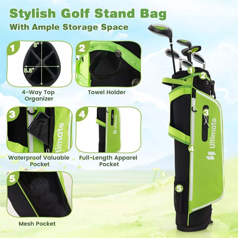 7 Pieces Junior Golf Club Set for Kids Ages 11-13 Right Hand, Children Golf Complete Set with #1 Driver, Head Cover & Stand Bag with Rain Hood