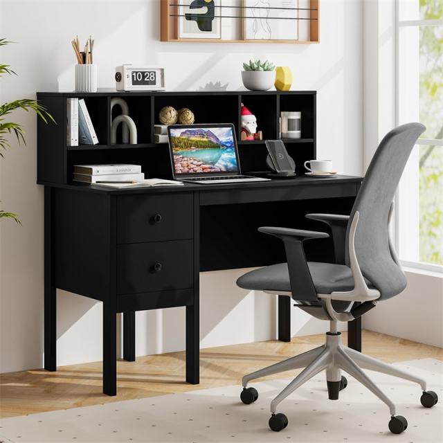 48" Computer Desk with Charging Station, 5-Cubby Hutch & 2 Drawers, Home Office Desk w/Power Outlets, USB/Type-C Ports for Bedroom, Small Space
