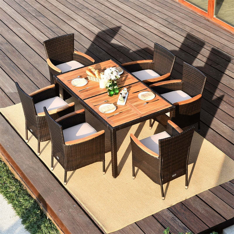 7 Piece Outdoor PE Rattan Dining Set with Umbrella Hole, Acacia Wood Table & Stackable Cushioned Chairs, Patio Dining Furniture for Garden, Backyard