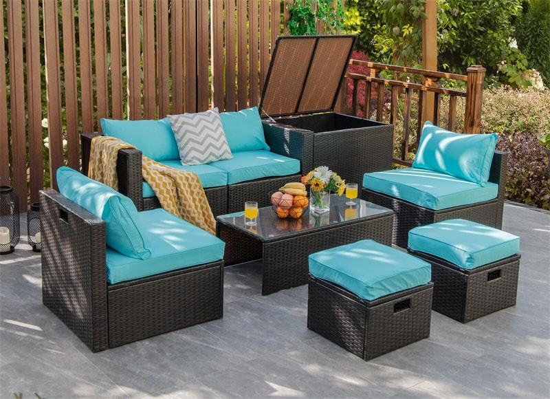 8PCS Patio Furniture Set Outdoor Space Saving PE Rattan Sectional Sofa Wicker Conversation Set w/ Storage Box, Glass Table, Waterproof Cover