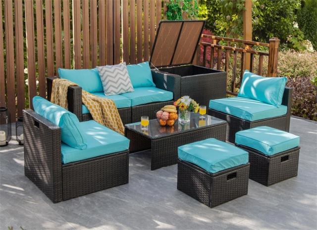 8PCS Patio Furniture Set Outdoor Space Saving PE Rattan Sectional Sofa Wicker Conversation Set w/ Storage Box, Glass Table, Waterproof Cover
