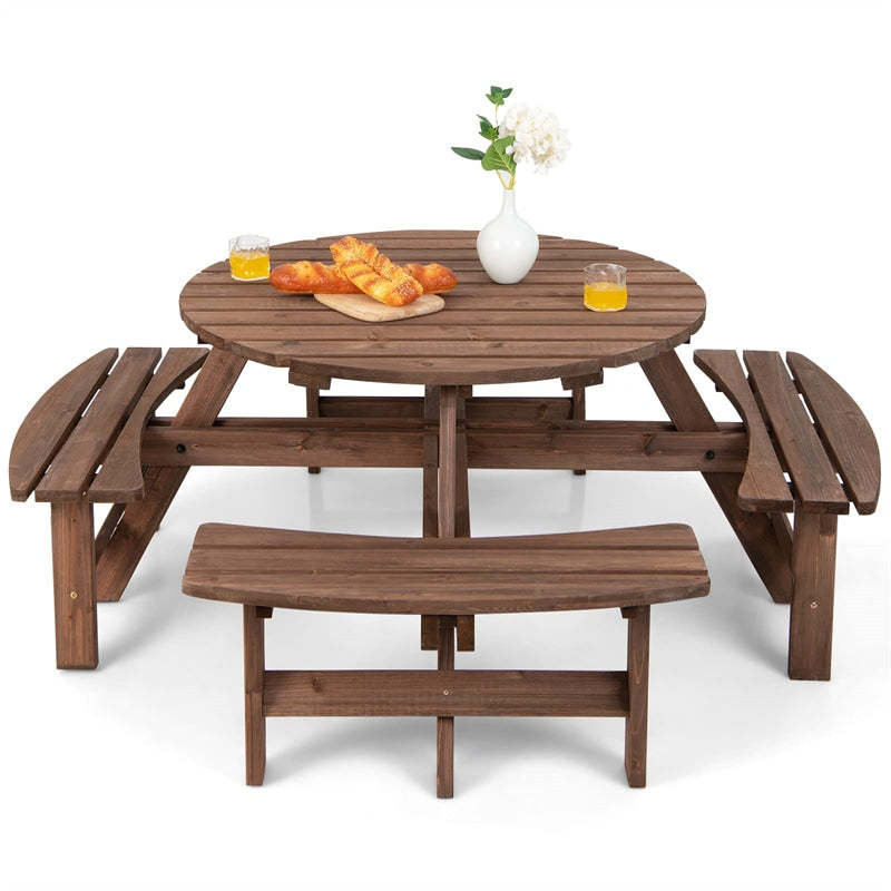 8-Person Round Wood Picnic Table with 4 Built-in Benches & Umbrella Hole, 2000lbs Capacity Outdoor Dining Table & Bench for Patio, Garden, Backyard