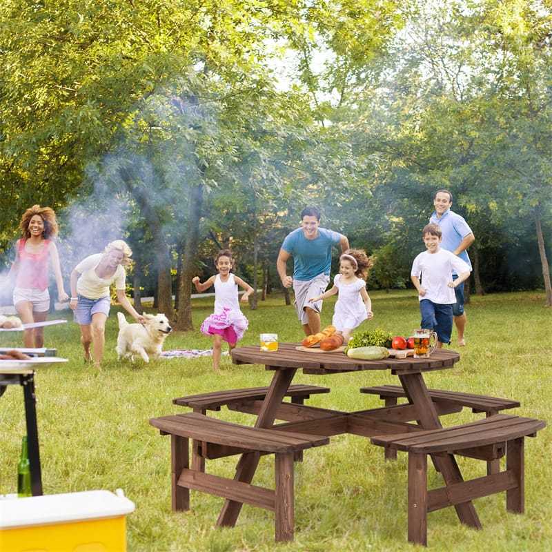 8-Person Round Wood Picnic Table with 4 Built-in Benches & Umbrella Hole, 2000lbs Capacity Outdoor Dining Table & Bench for Patio, Garden, Backyard