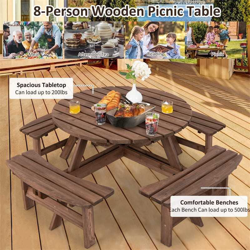 8-Person Round Wood Picnic Table with 4 Built-in Benches & Umbrella Hole, 2000lbs Capacity Outdoor Dining Table & Bench for Patio, Garden, Backyard