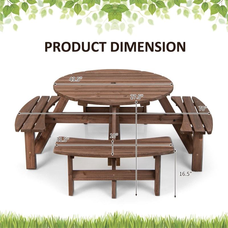 8-Person Round Wood Picnic Table with 4 Built-in Benches & Umbrella Hole, 2000lbs Capacity Outdoor Dining Table & Bench for Patio, Garden, Backyard