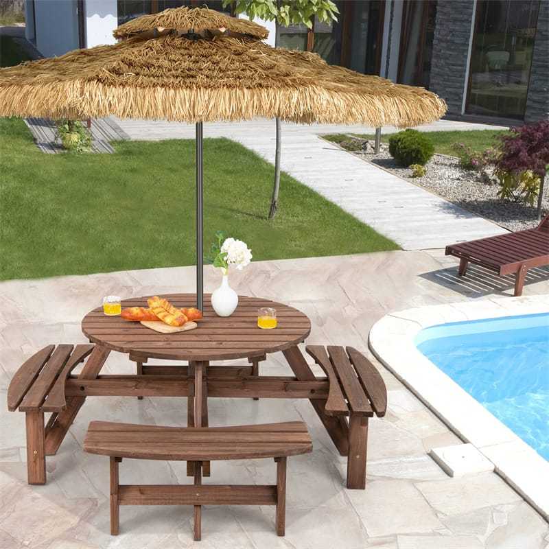 8-Person Round Wood Picnic Table with 4 Built-in Benches & Umbrella Hole, 2000lbs Capacity Outdoor Dining Table & Bench for Patio, Garden, Backyard