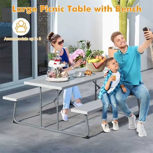 8-Person 6FT Folding Picnic Table & Bench Set, Heavy Duty All-Weather HDPE Outdoor Dining Table with Umbrella Hole & 2 Built-in Benches