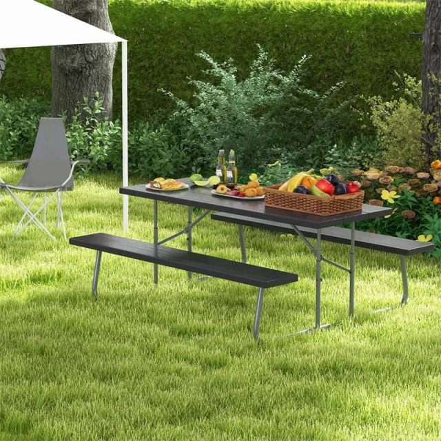 8-Person 6FT Folding Picnic Table & Bench Set, Heavy Duty All-Weather HDPE Outdoor Dining Table with Umbrella Hole & 2 Built-in Benches