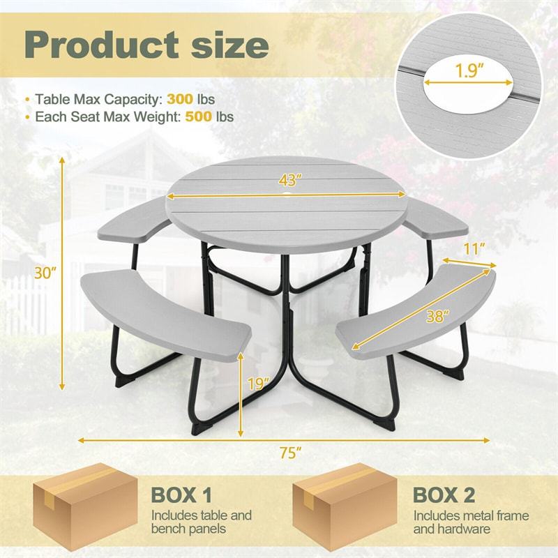 8-Person Outdoor Round HDPE Picnic Table & Bench Set with Umbrella Hole, Metal Frame, 2000LBS Capacity Patio Table Bench Set for Backyard Garden