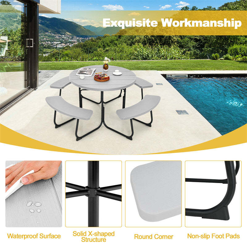 8-Person Outdoor Round HDPE Picnic Table & Bench Set with Umbrella Hole, Metal Frame, 2000LBS Capacity Patio Table Bench Set for Backyard Garden