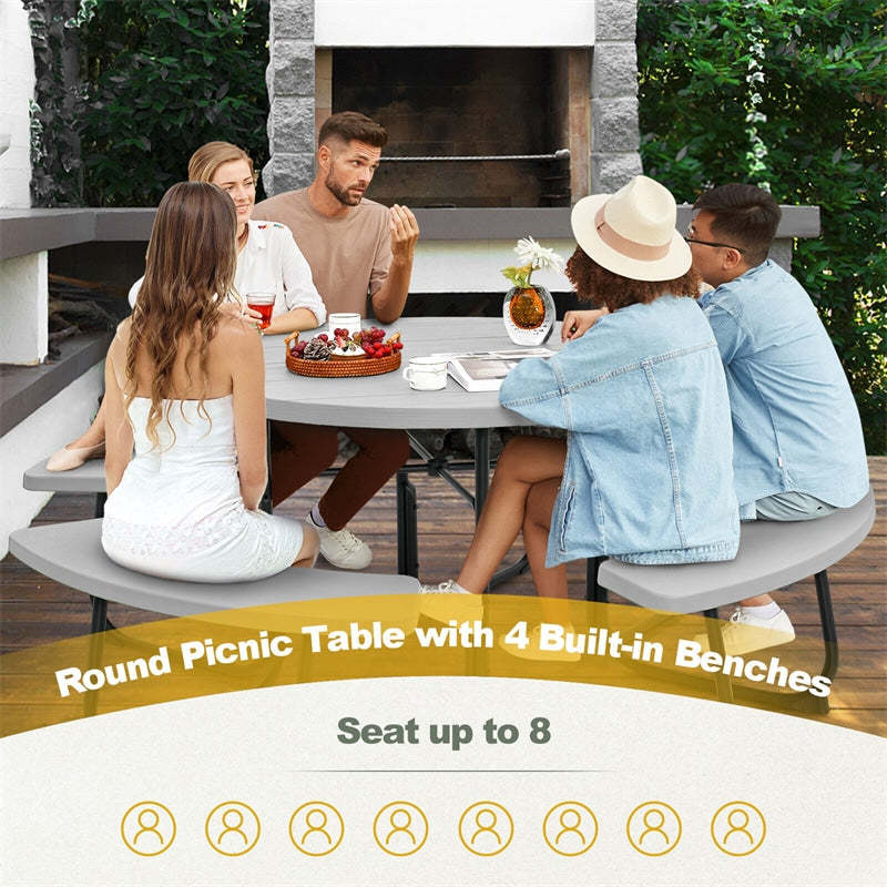8-Person Outdoor Round HDPE Picnic Table & Bench Set with Umbrella Hole, Metal Frame, 2000LBS Capacity Patio Table Bench Set for Backyard Garden