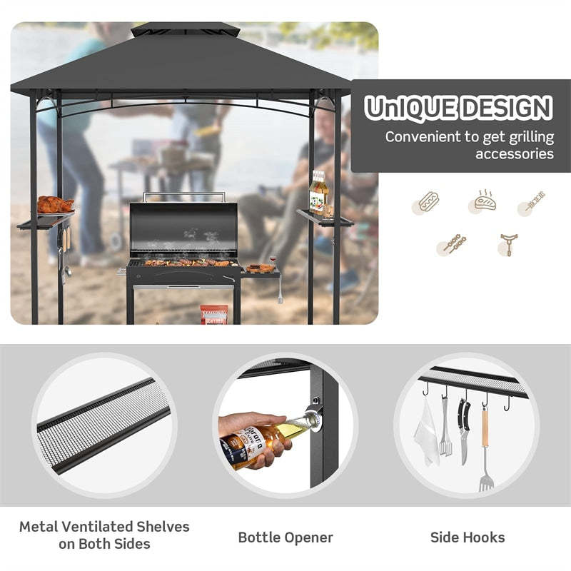 8' x 5' Grill Gazebo Double Tier Vented Roof Outdoor Barbecue Gazebo Canopy Tent BBQ Shelter Gazebo with 2 Side Shelves