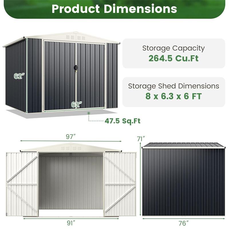 7.5x6.3FT All-Weather Metal Storage Shed with Lockable Door & Snap-On Assembly, Galvanized Steel Utility Tool House for Garden, Backyard, Patio