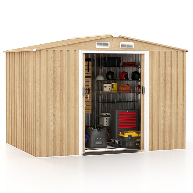 8' x 6' Outdoor Storage Shed, Woodgrain Galvanized Steel Garden Tool Shed with Base Floor & Lockable Sliding Door, Waterproof Shed for Patio Backyard