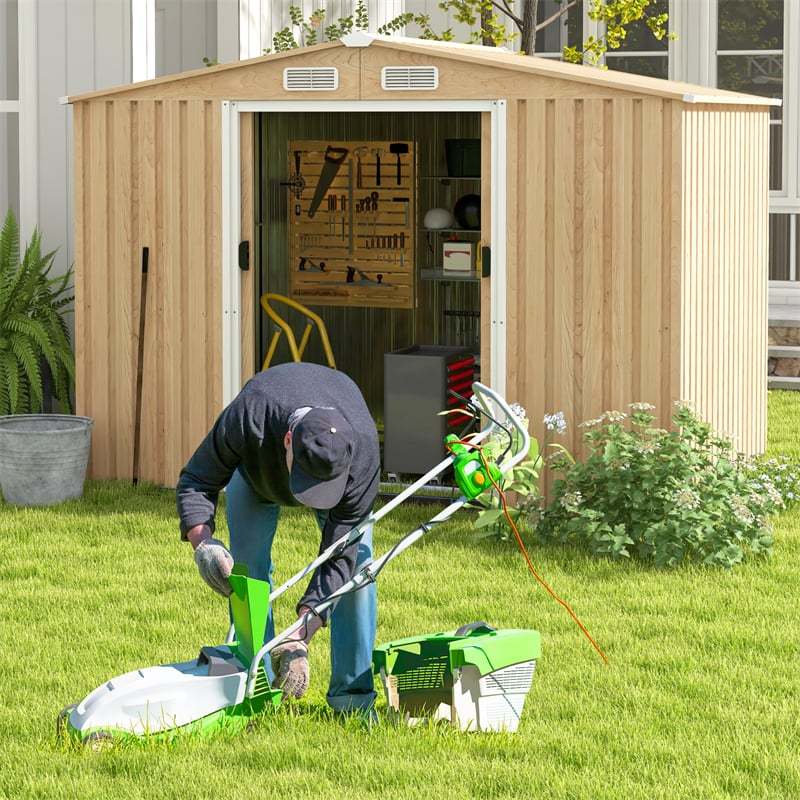 8' x 6' Outdoor Storage Shed, Woodgrain Galvanized Steel Garden Tool Shed with Base Floor & Lockable Sliding Door, Waterproof Shed for Patio Backyard