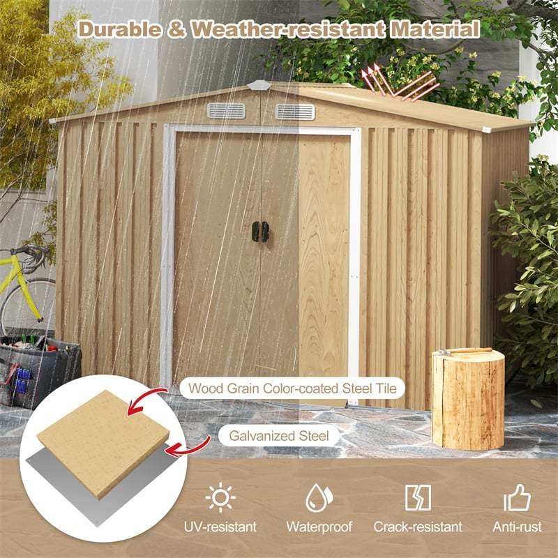 8' x 6' Outdoor Storage Shed, Woodgrain Galvanized Steel Garden Tool Shed with Base Floor & Lockable Sliding Door, Waterproof Shed for Patio Backyard