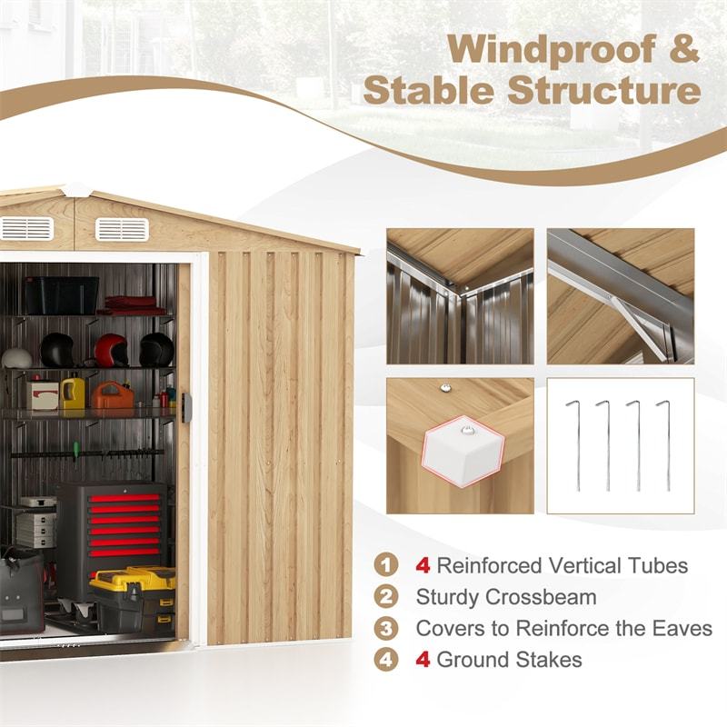 8' x 6' Outdoor Storage Shed, Woodgrain Galvanized Steel Garden Tool Shed with Base Floor & Lockable Sliding Door, Waterproof Shed for Patio Backyard