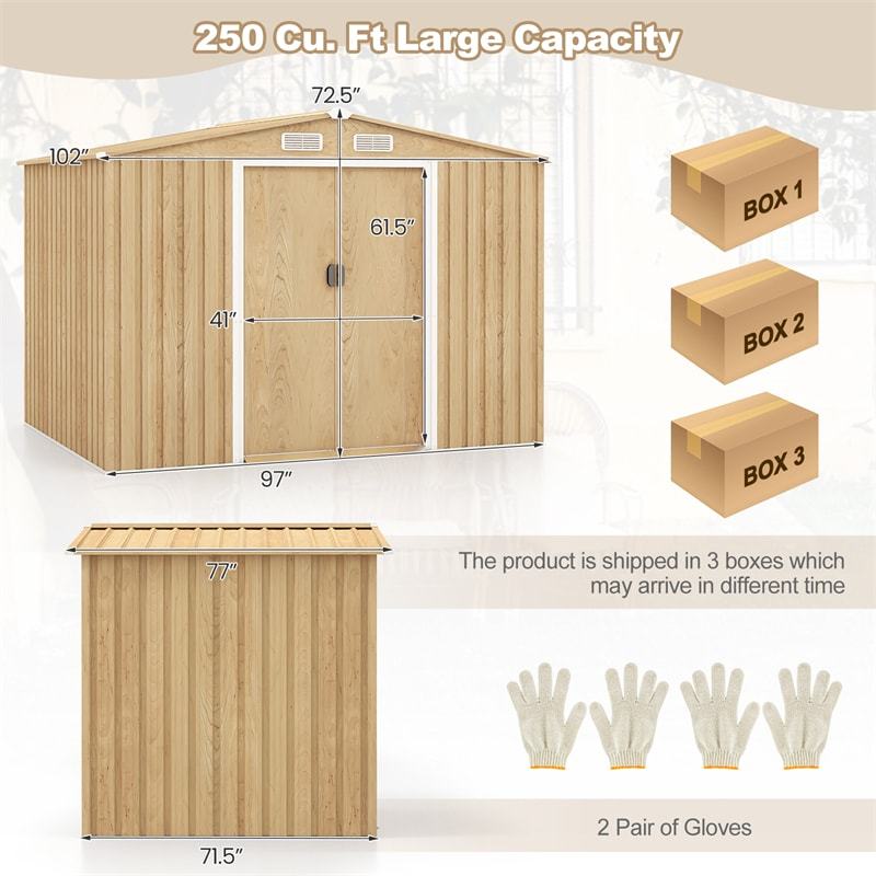8' x 6' Outdoor Storage Shed, Woodgrain Galvanized Steel Garden Tool Shed with Base Floor & Lockable Sliding Door, Waterproof Shed for Patio Backyard