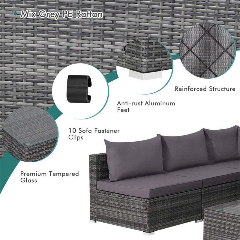 7PCS PE Rattan Modular Outdoor Sectional Set with Tempered Glass Top Table & Cushions, Patio Sofa Furniture for Backyard, Poolside Garden