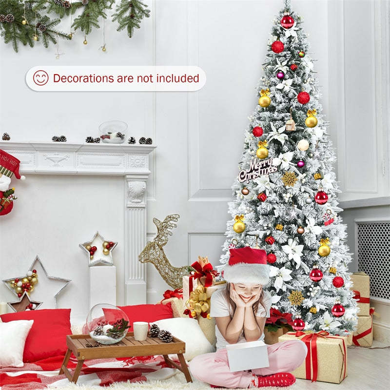 8ft Snow Flocked Artificial Christmas Tree Hinged Pencil Xmas Tree with 807 PVC/PE Branch Tips, White Berries, Poinsettias & Folding Metal Stand