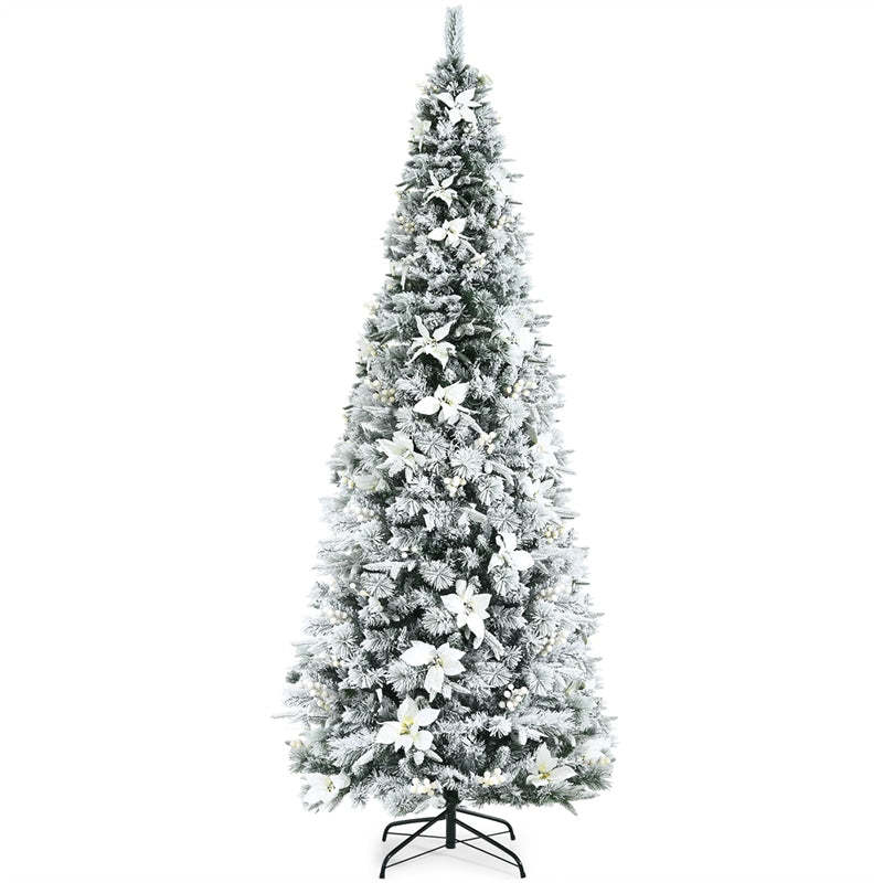 8ft Snow Flocked Artificial Christmas Tree Hinged Pencil Xmas Tree with 807 PVC/PE Branch Tips, White Berries, Poinsettias & Folding Metal Stand