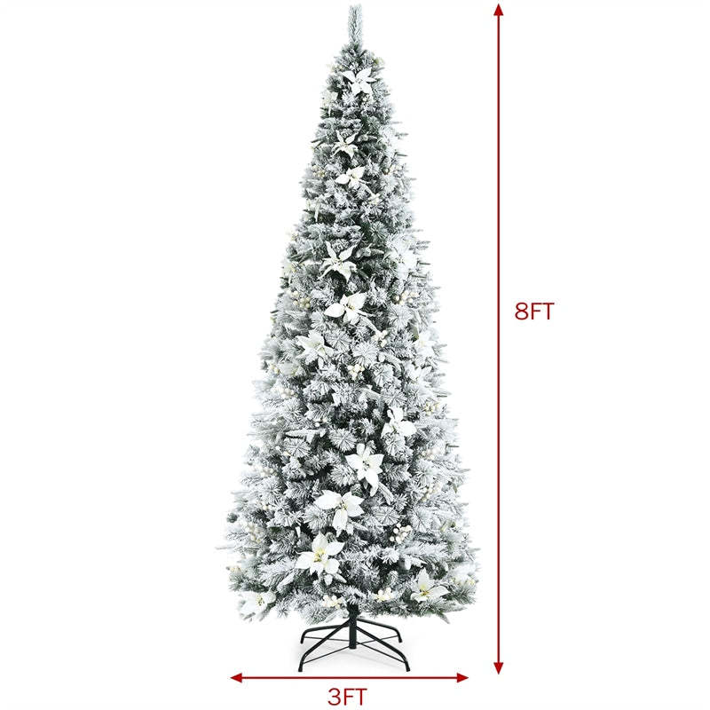 8ft Snow Flocked Artificial Christmas Tree Hinged Pencil Xmas Tree with 807 PVC/PE Branch Tips, White Berries, Poinsettias & Folding Metal Stand