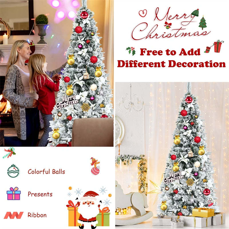 8ft Snow Flocked Artificial Christmas Tree Hinged Pencil Xmas Tree with 807 PVC/PE Branch Tips, White Berries, Poinsettias & Folding Metal Stand