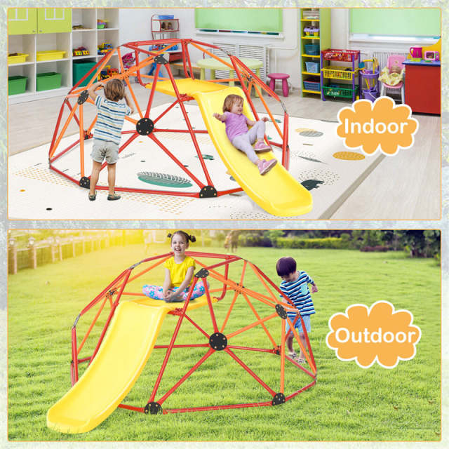 8FT Climbing Dome with Slide, 2-in-1 Geometric Dome Climber Indoor Outdoor Jungle Gym Monkey Bar Climbing Toys for Kids & Toddlers