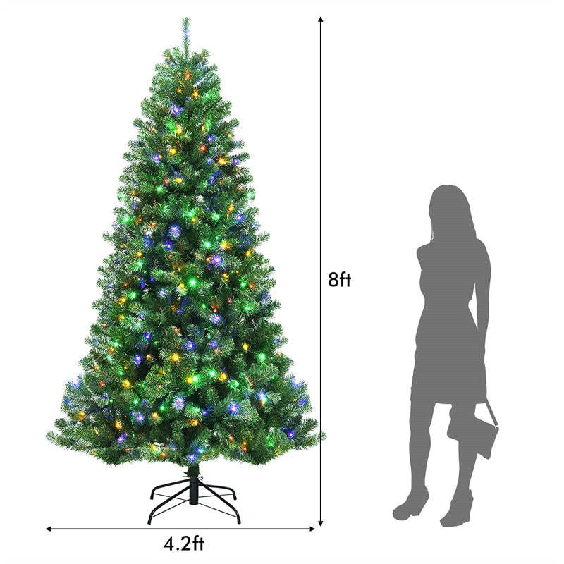 8ft Pre-lit Artificial Christmas Tree Hinged Remote Control Xmas Tree with 600 Color Changing LED Lights & 9 Lighting Modes