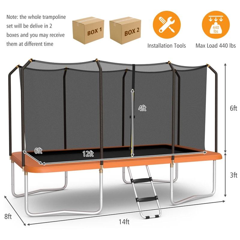 8x14FT Rectangular Trampoline for Kids & Adults, ASTM Certified Outdoor Trampoline with Safety Enclosure Net & Ladder, 440 LBS Load Capacity