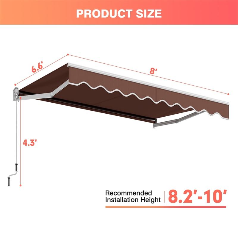8x6.6FT Manual Retractable Awning, Aluminum Patio Sun Shade with Crank Handle, UV & Waterproof Awning Cover for RVs, Balcony, Porch, Window