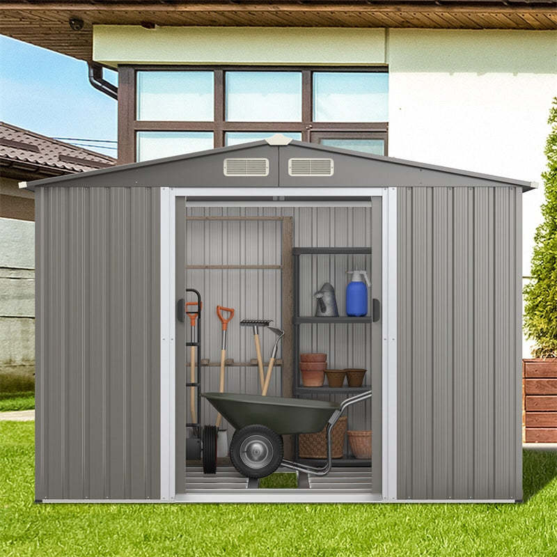 8' x 6' Outdoor Storage Shed Galvanized Steel Garden Tool House with Foundation, 4 Louvers, Double Doors & Ramp for Lawn Yard