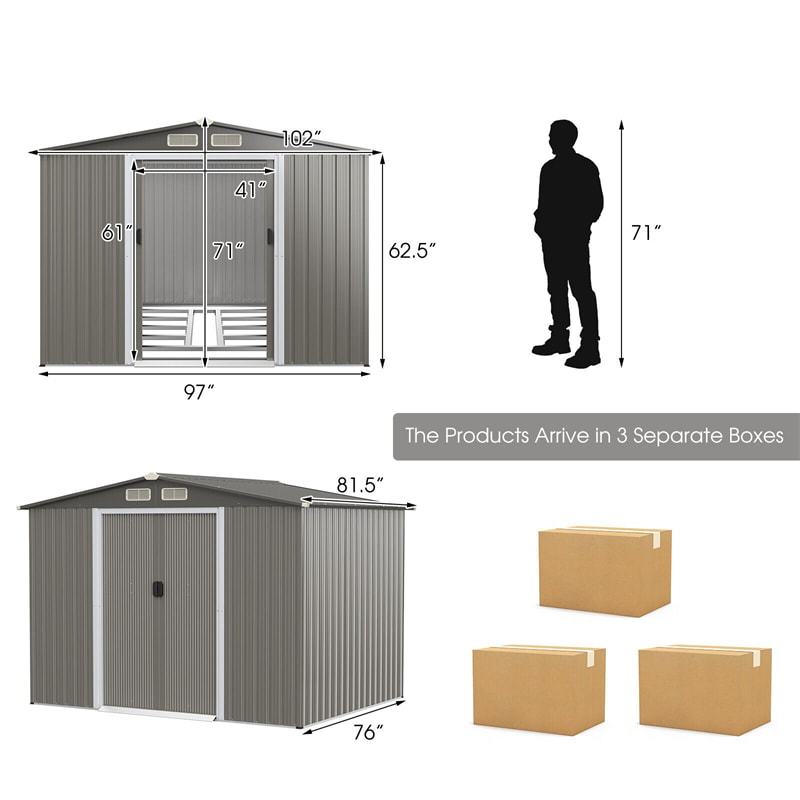 8' x 6' Outdoor Storage Shed Galvanized Steel Garden Tool House with Foundation, 4 Louvers, Double Doors & Ramp for Lawn Yard