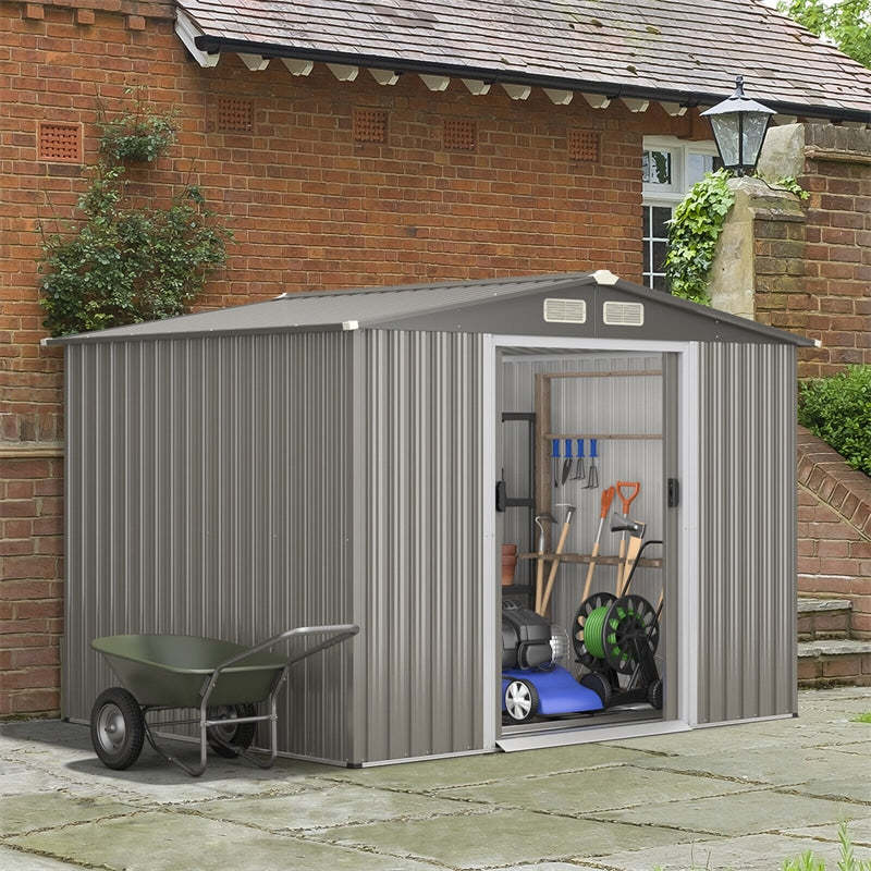 8' x 6' Outdoor Storage Shed Galvanized Steel Garden Tool House with Foundation, 4 Louvers, Double Doors & Ramp for Lawn Yard