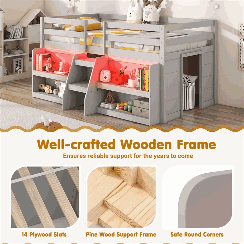 Twin Low Loft Bed for Kids, Wooden Loft Bed with Adjustable LED Lights, Stairs, Safety Guardrail, Storage Bookcase & Under Bed Play Area