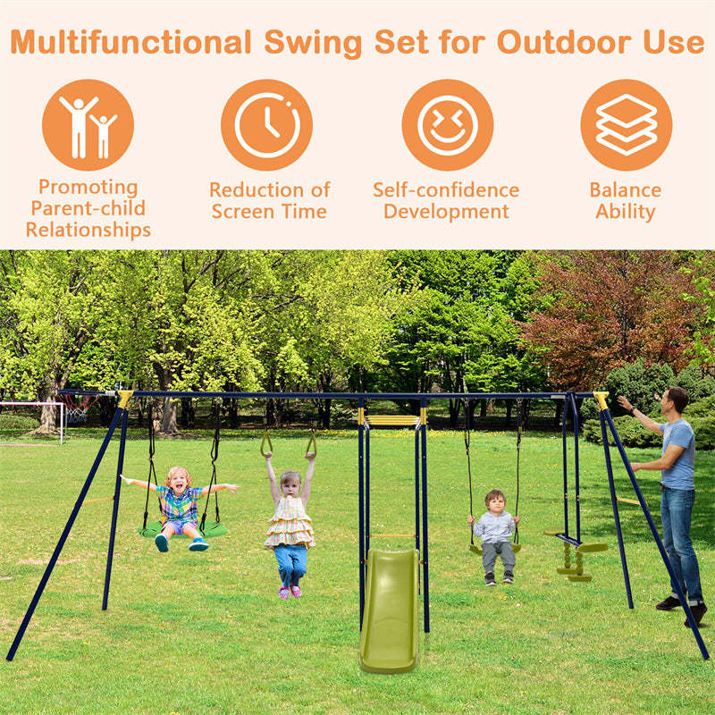 660lbs 7-in-1 Metal A-Frame Swing Set with 2 Swings, Glider, Slide, Gym Rings & Basketball Hoop, Heavy Duty Outdoor Playset for Kids, Backyard Garden