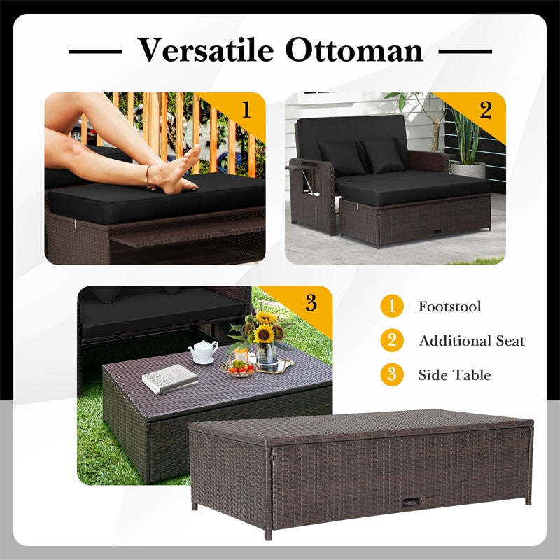 Patio Rattan Daybed Set, Outdoor Wicker Loveseat Sofa w/Multipurpose Ottoman, Retractable Side Tray, 4-Level Adjustable Backrest & Cushions