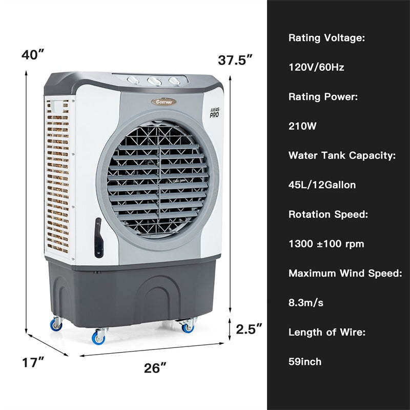 3450 CFM Industrial Evaporative Cooler, 4-in-1 Portable Air Cooler Fan Humidifier Purifier with 45L Tank, 100°Oscillation & 4 Universal Casters
