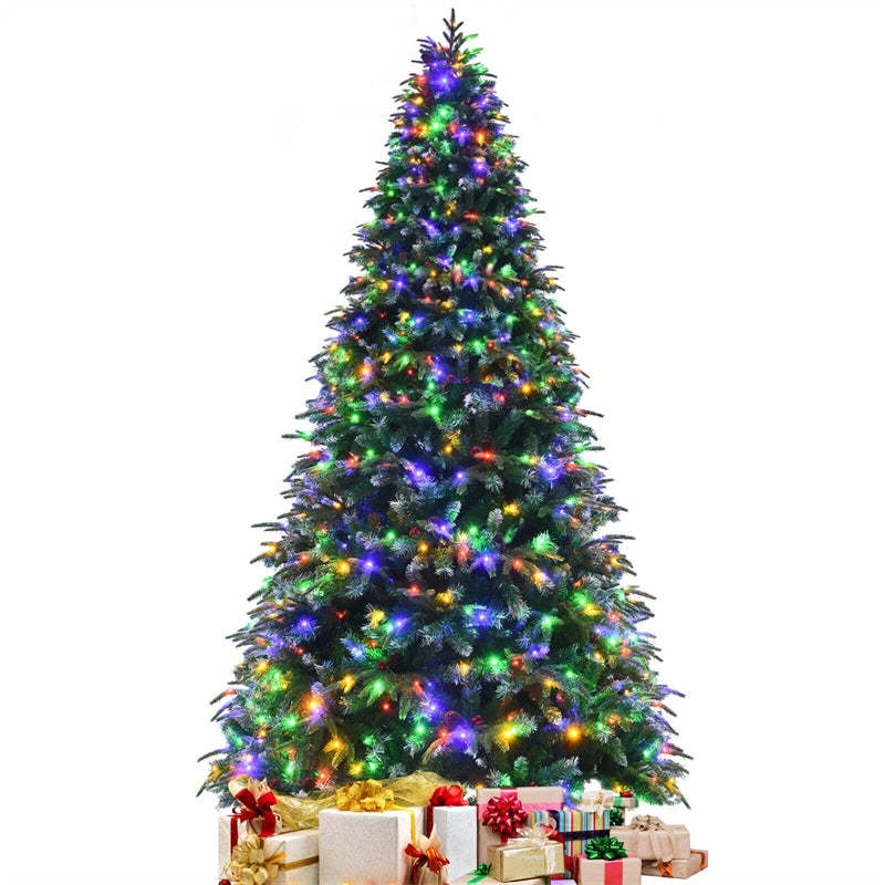 9FT Pre-Lit Snowy Pine Christmas Tree, Hinged Xmas Tree with 780 Multicolor LED Lights, 11 Flash Modes, 2599 Branch Tips, Pine Cones & Red Berries