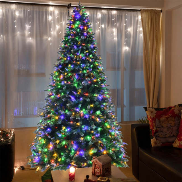 9FT Pre-Lit Snowy Pine Christmas Tree, Hinged Xmas Tree with 780 Multicolor LED Lights, 11 Flash Modes, 2599 Branch Tips, Pine Cones & Red Berries