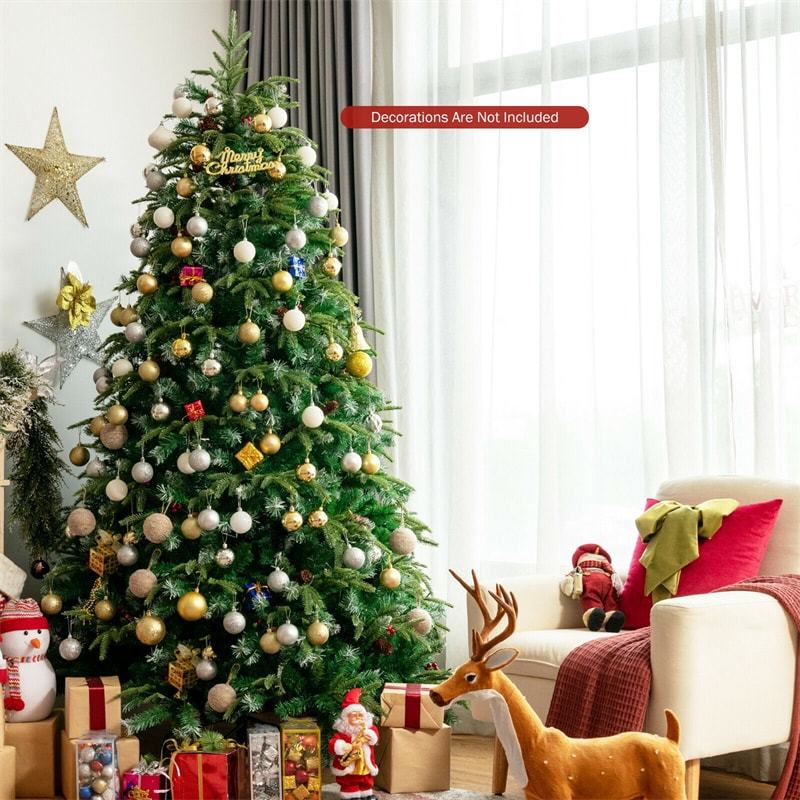 9FT Pre-Lit Snowy Pine Christmas Tree, Hinged Xmas Tree with 780 Multicolor LED Lights, 11 Flash Modes, 2599 Branch Tips, Pine Cones & Red Berries