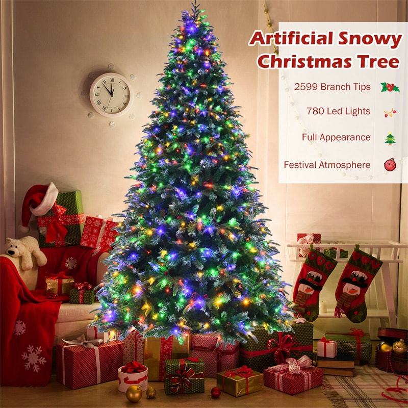 9FT Pre-Lit Snowy Pine Christmas Tree, Hinged Xmas Tree with 780 Multicolor LED Lights, 11 Flash Modes, 2599 Branch Tips, Pine Cones & Red Berries