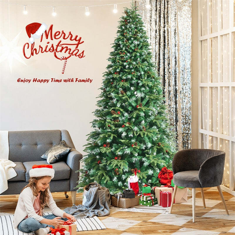 9FT Pre-Lit Snowy Pine Christmas Tree, Hinged Xmas Tree with 780 Multicolor LED Lights, 11 Flash Modes, 2599 Branch Tips, Pine Cones & Red Berries